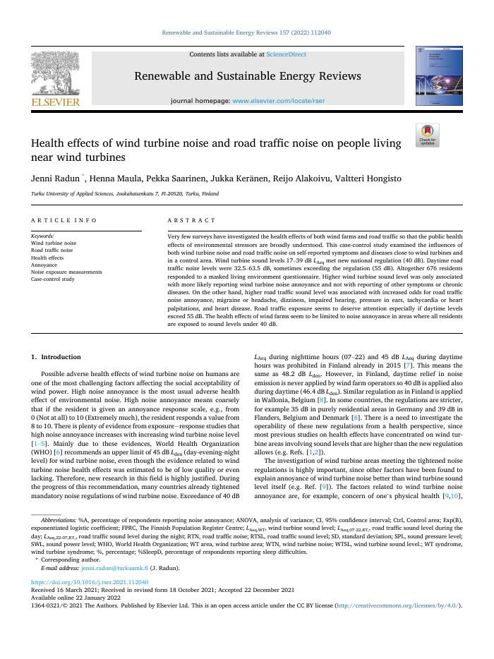 Health effects of wind turbine noise and road traffic noise on people living near wind turbines