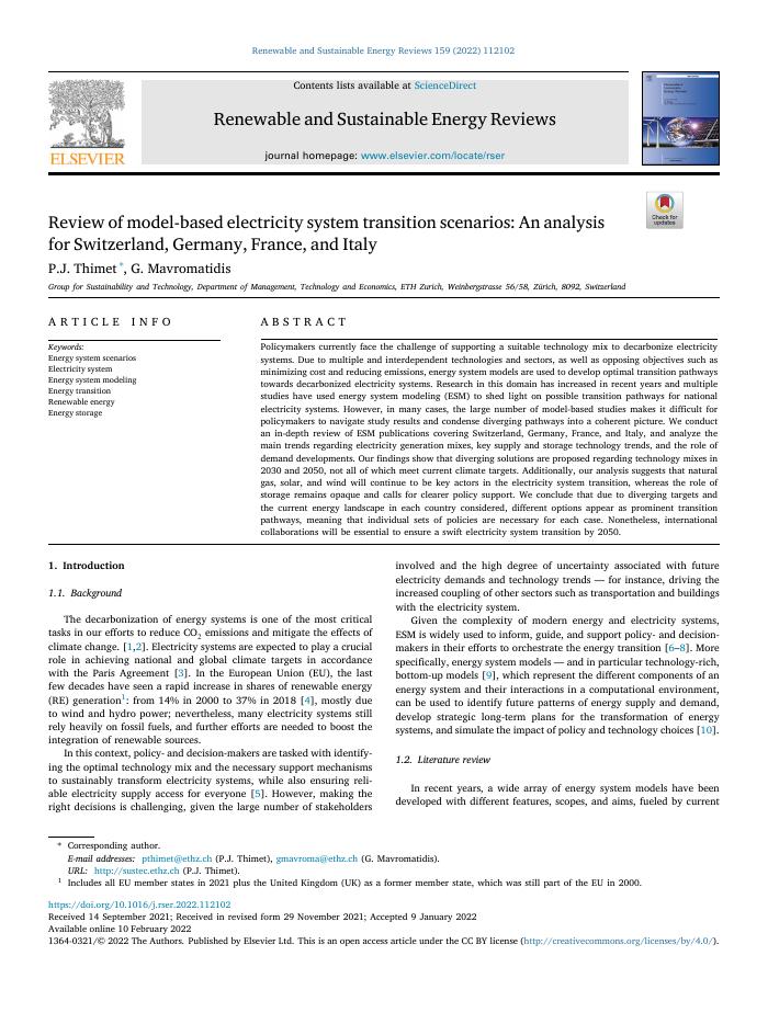 Review of model-based electricity system transition scenarios: An analysis for Switzerland, Germany, France, and Italy