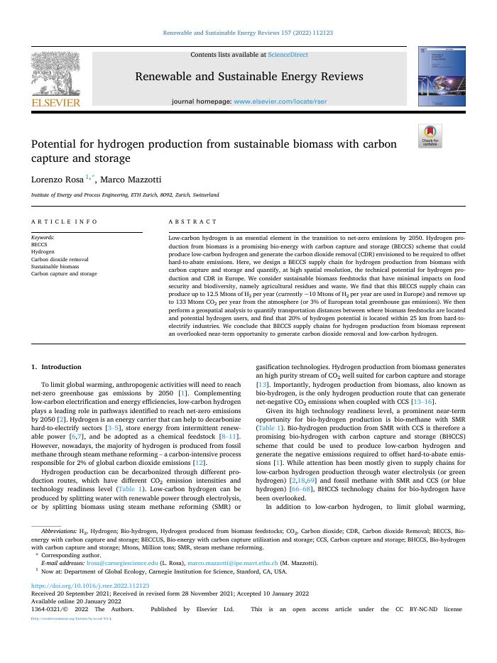 Potential for hydrogen production from sustainable biomass with carbon capture and storage