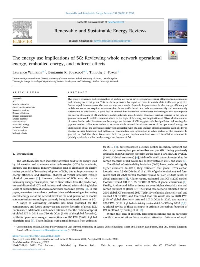 The energy use implications of 5G: Reviewing whole network operational energy, embodied energy, and indirect effects