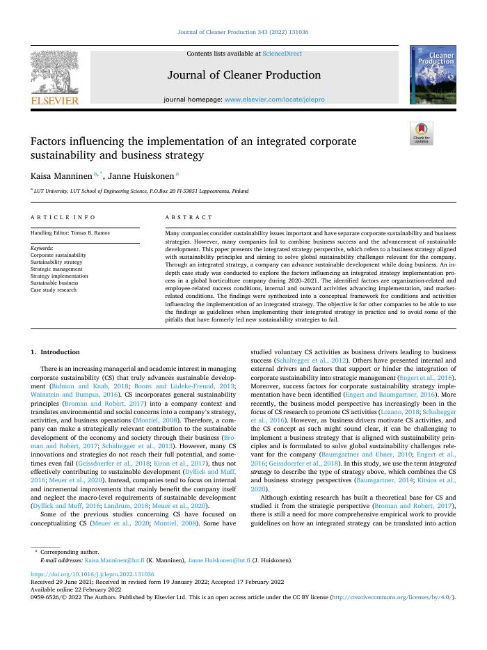 Factors influencing the implementation of an integrated corporate sustainability and business strategy