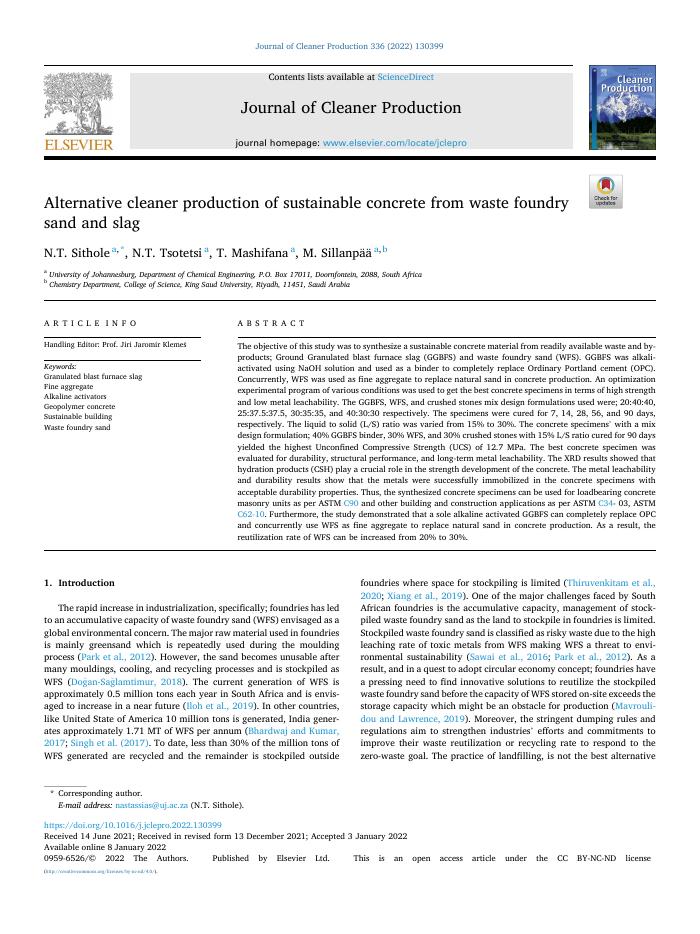 Alternative cleaner production of sustainable concrete from waste foundry sand and slag