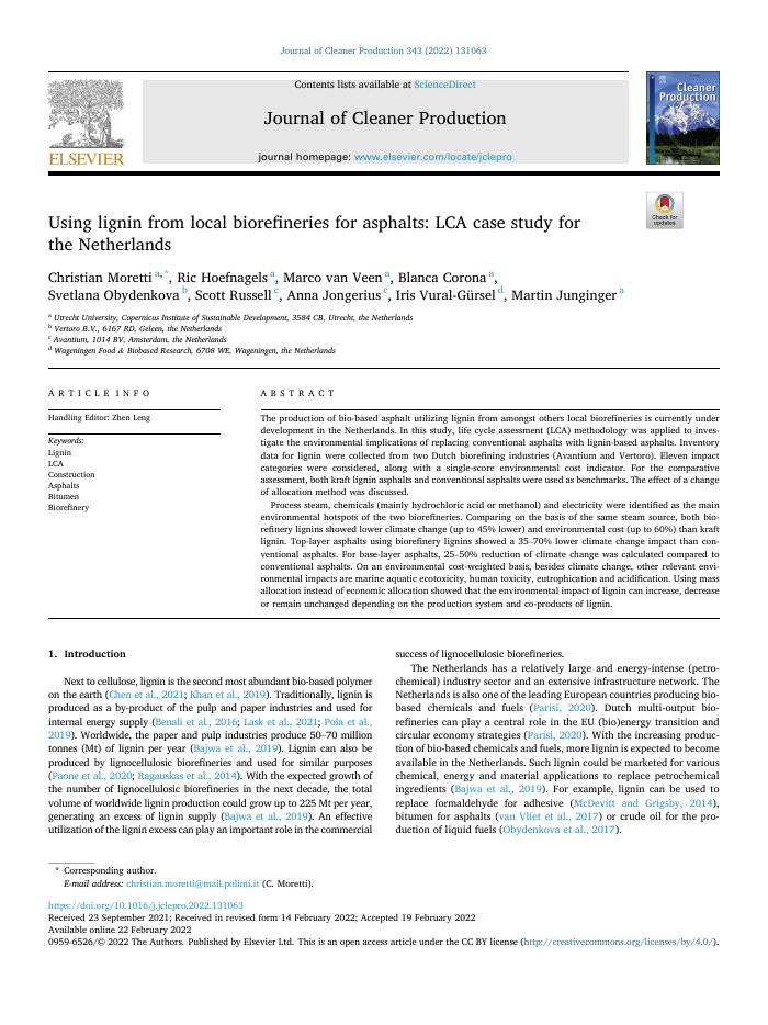 Using lignin from local biorefineries for asphalts: LCA case study for the Netherlands