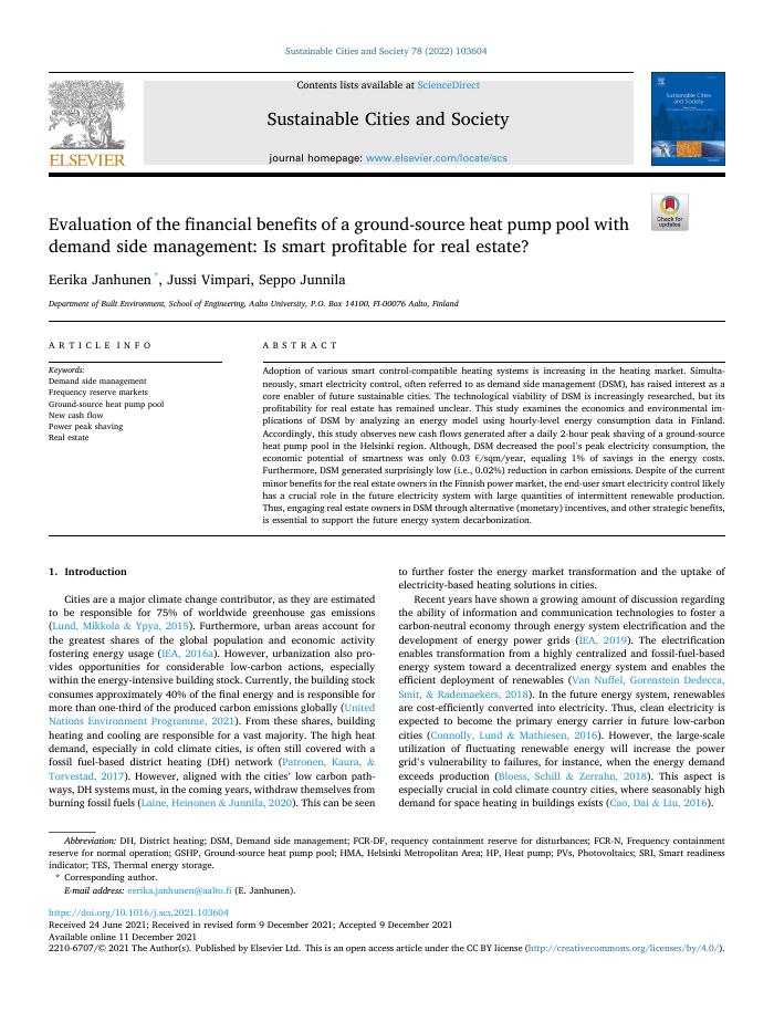 Evaluation of the financial benefits of a ground-source heat pump pool with demand side management: Is smart profitable for real estate?