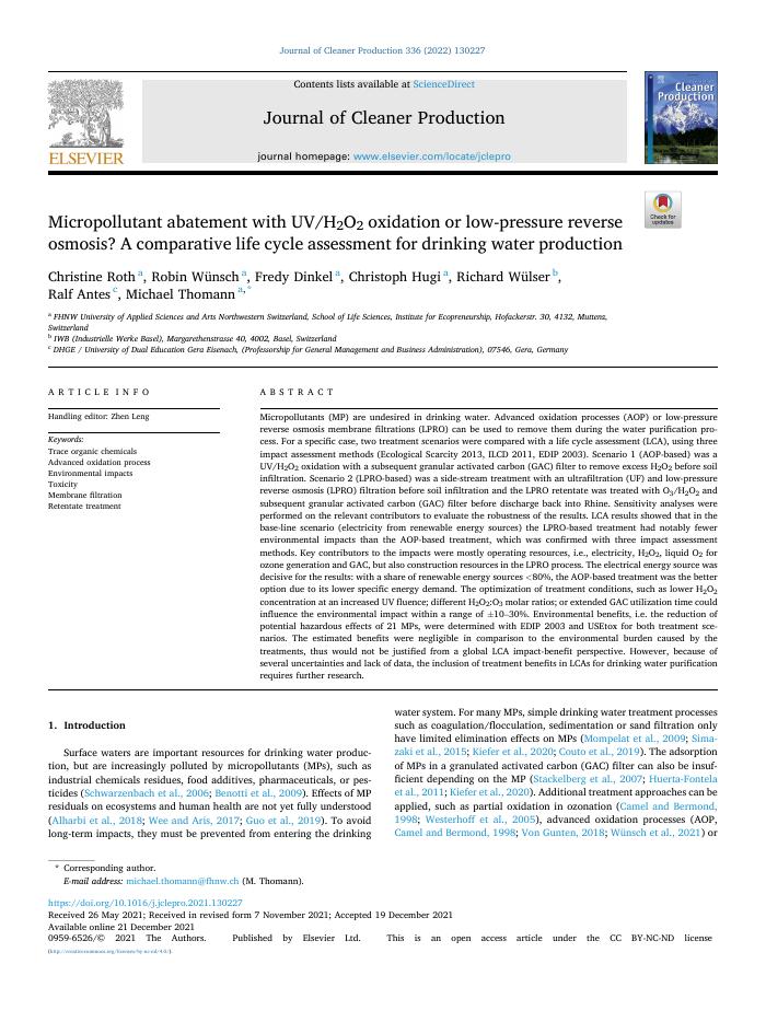 Micropollutant abatement with UV/H2O2 oxidation or low-pressure reverse osmosis? A comparative life cycle assessment for drinking water production