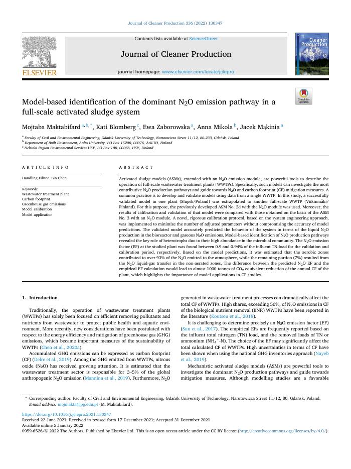 Model-based identification of the dominant N2O emission pathway in a full-scale activated sludge system