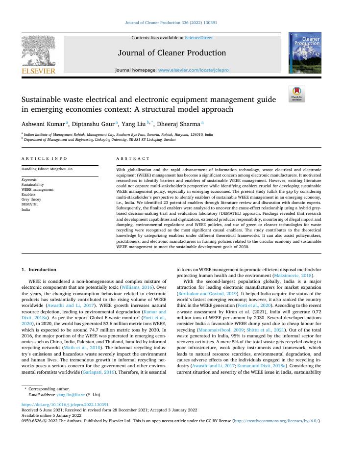 Sustainable waste electrical and electronic equipment management guide in emerging economies context: A structural model approach