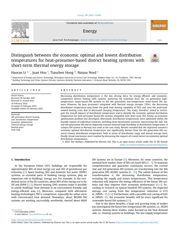 Distinguish between the economic optimal and lowest distribution temperatures for heat-prosumer-based district heating systems with short-term thermal energy storage