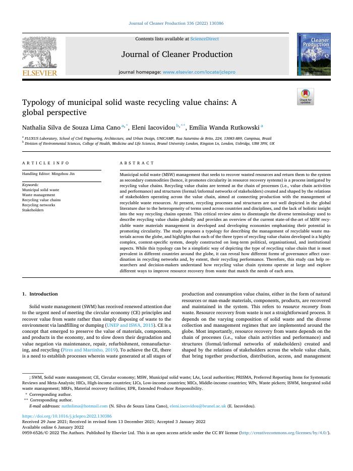 Typology of municipal solid waste recycling value chains: A global perspective
