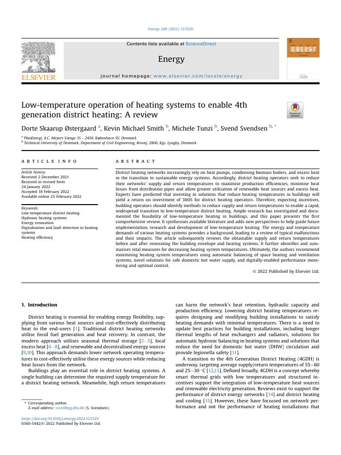 Low-temperature operation of heating systems to enable 4th generation district heating: A review