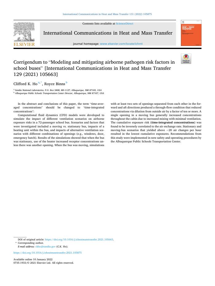 Corrigendum to “Modeling and mitigating airborne pathogen risk factors in school buses” [International Communications in Heat and Mass Transfer 129 (2021) 105663]