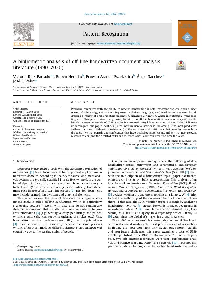 A bibliometric analysis of off-line handwritten document analysis literature (1990–2020)