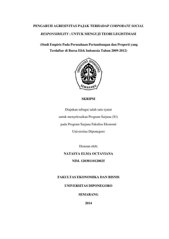 PENGARUH AGRESIVITAS PAJAK TERHADAP CORPORATE SOCIAL RESPONSIBILITY : UNTUK MENGUJI TEORI LEGISTIMASI