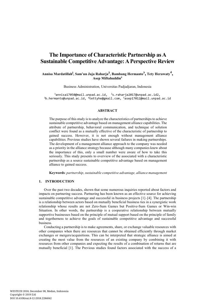 The Importance of Characteristic Partnership as A Sustainable Competitive Advantage: A Perspective Review
