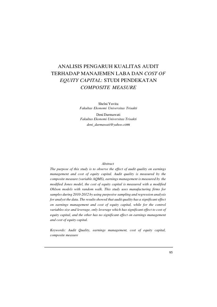 ANALISIS PENGARUH KUALITAS AUDIT TERHADAP MANAJEMEN LABA DAN COST OF EQUITY CAPITAL: STUDI PENDEKATAN COMPOSITE MEASURE