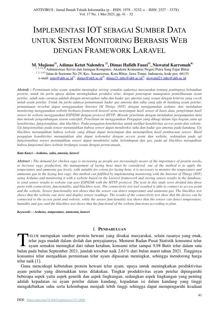 IMPLEMENTASI IOT SEBAGAI SUMBER DATA UNTUK SISTEM MONITORING BERBASIS WEB DENGAN FRAMEWORK LARAVEL