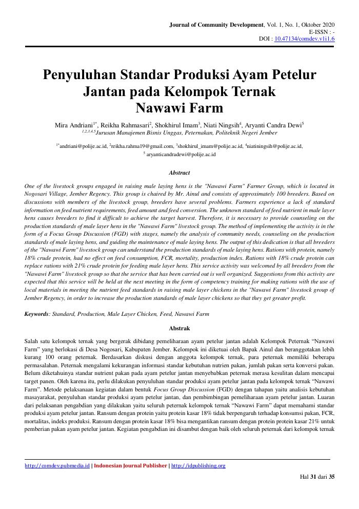 Penyuluhan Standar Produksi Ayam Petelur Jantan pada Kelompok Ternak Nawawi Farm