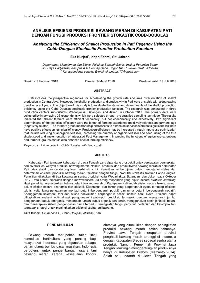 ANALISIS EFISIENSI PRODUKSI BAWANG MERAH DI KABUPATEN PATI DENGAN FUNGSI PRODUKSI FRONTIER STOKASTIK COBB-DOUGLAS