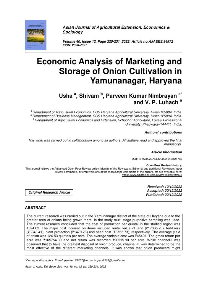 Economic Analysis of Marketing and Storage of Onion Cultivation in Yamunanagar, Haryana
