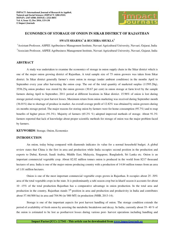 ECONOMICS OF STORAGE OF ONION IN SIKAR DISTRICT OF RAJASTHAN