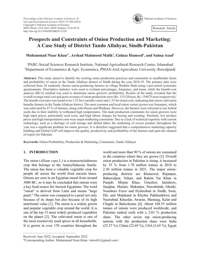 Prospects and Constraints of Onion Production and Marketing: A Case Study of District Tando Allahyar, Sindh-Pakistan