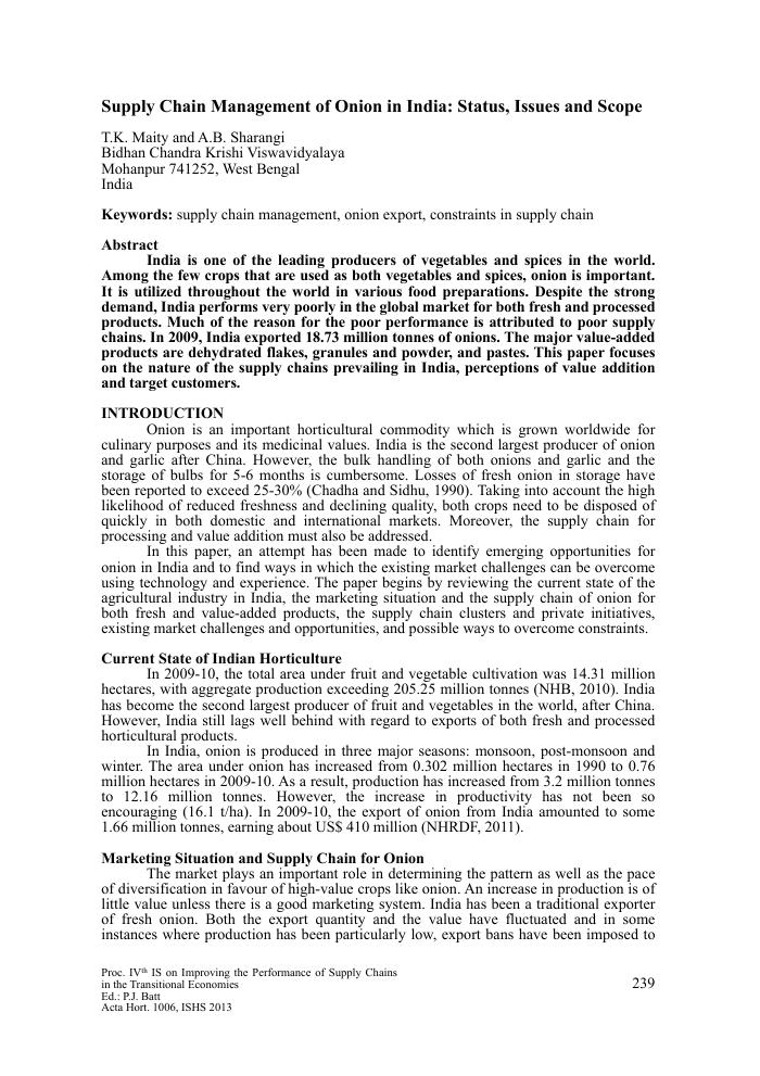 Supply Chain Management of Onion in India: Status, Issues and Scope