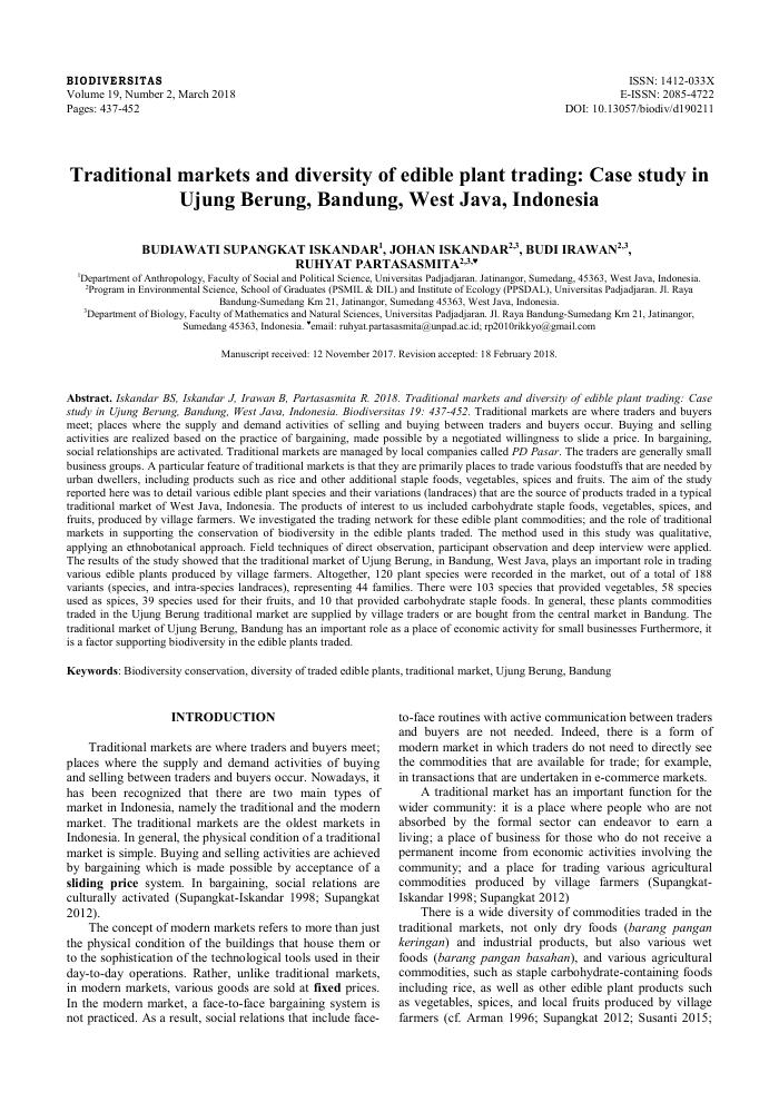 Traditional markets and diversity of edible plant trading: Case study in Ujung Berung, Bandung, West Java, Indonesia