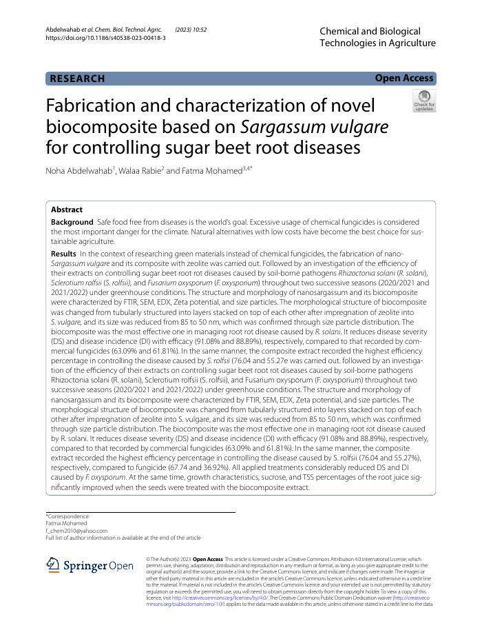 Fabrication and characterization of novel biocomposite based on Sargassum vulgare for controlling sugar beet root diseases