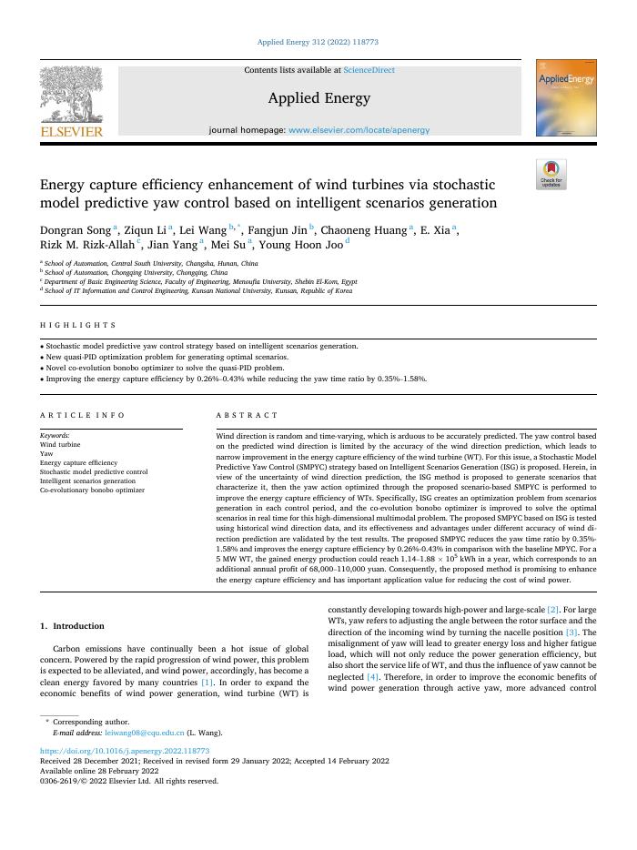 Energy capture efficiency enhancement of wind turbines via stochastic model predictive yaw control based on intelligent scenarios generation