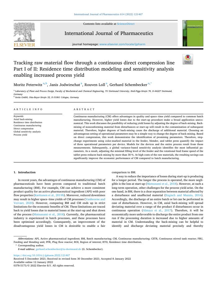 Tracking raw material flow through a continuous direct compression line Part I of II: Residence time distribution modeling and sensitivity analysis enabling increased process yield