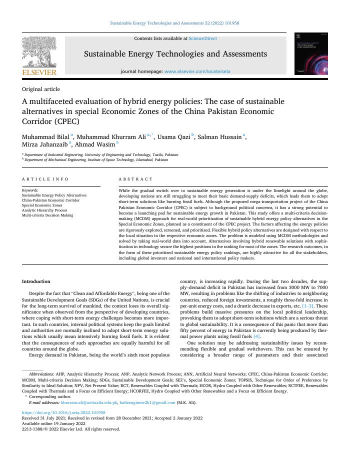 A multifaceted evaluation of hybrid energy policies: The case of sustainable alternatives in special Economic Zones of the China Pakistan Economic Corridor (CPEC)