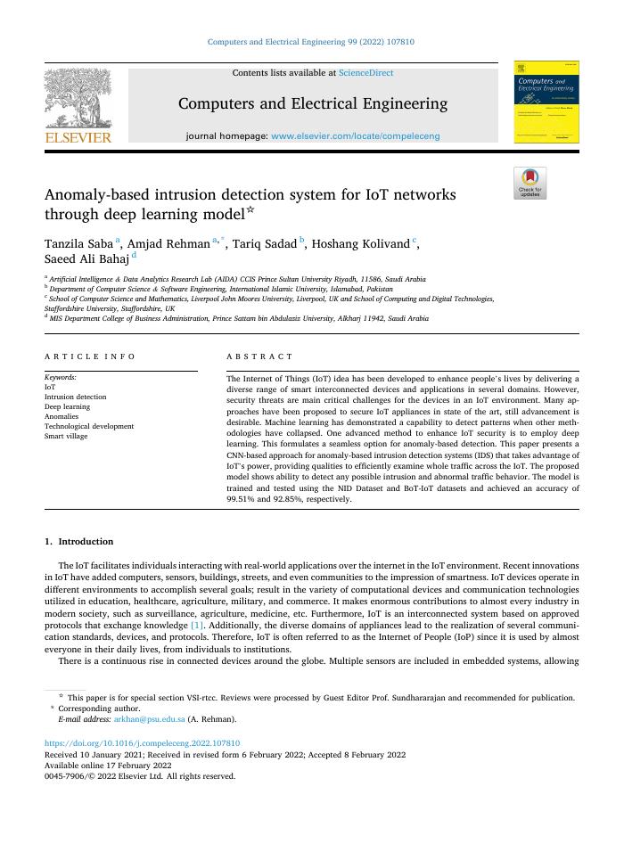 Anomaly-based intrusion detection system for IoT networks through deep learning model