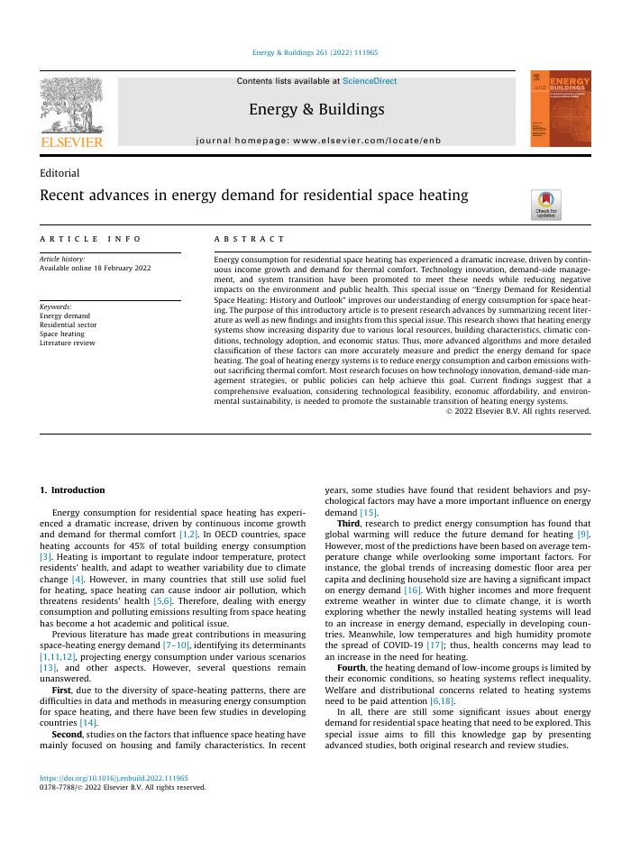 Recent advances in energy demand for residential space heating