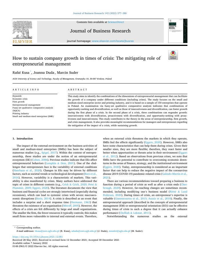 How to sustain company growth in times of crisis: The mitigating role of entrepreneurial management