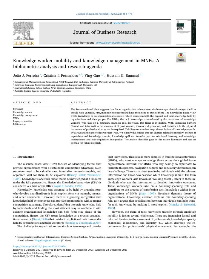 Knowledge worker mobility and knowledge management in MNEs: A bibliometric analysis and research agenda
