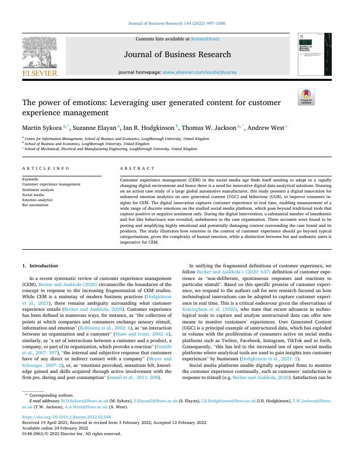 The power of emotions: Leveraging user generated content for customer experience management