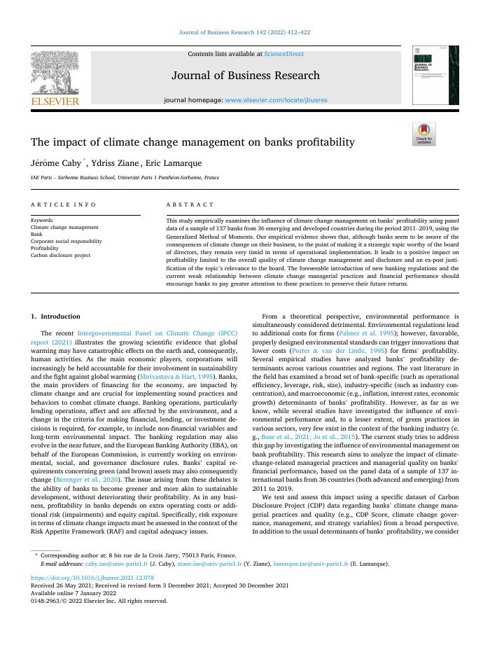 The impact of climate change management on banks profitability