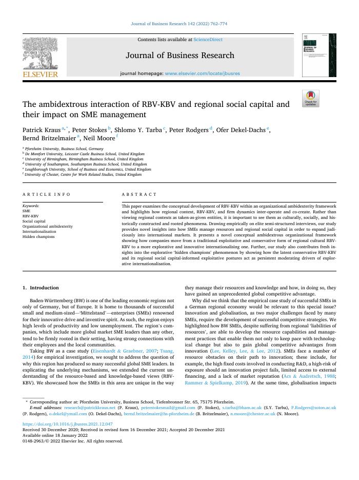 The ambidextrous interaction of RBV-KBV and regional social capital and their impact on SME management
