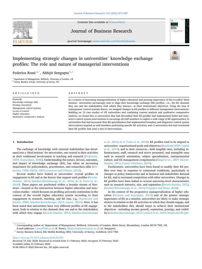 Implementing strategic changes in universities’ knowledge exchange profiles: The role and nature of managerial interventions