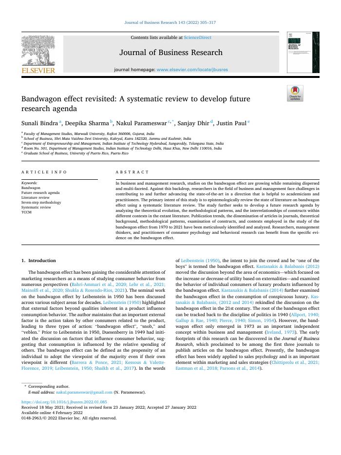 Bandwagon effect revisited: A systematic review to develop future research agenda