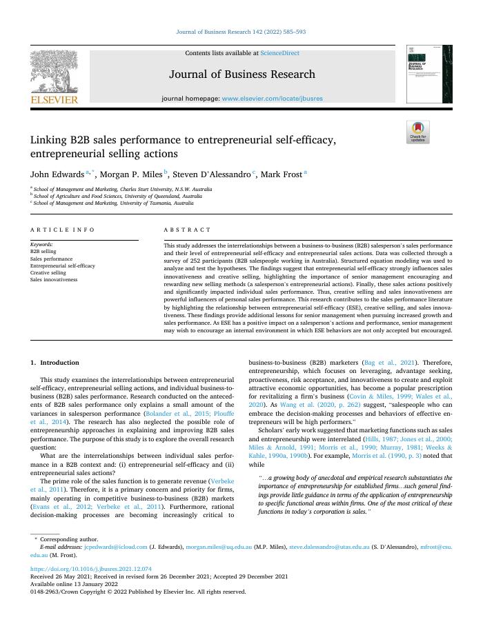 Linking B2B sales performance to entrepreneurial self-efficacy, entrepreneurial selling actions