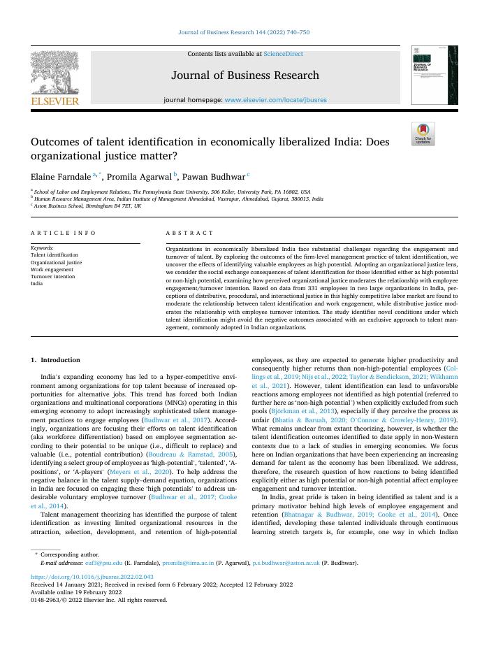Outcomes of talent identification in economically liberalized India: Does organizational justice matter?