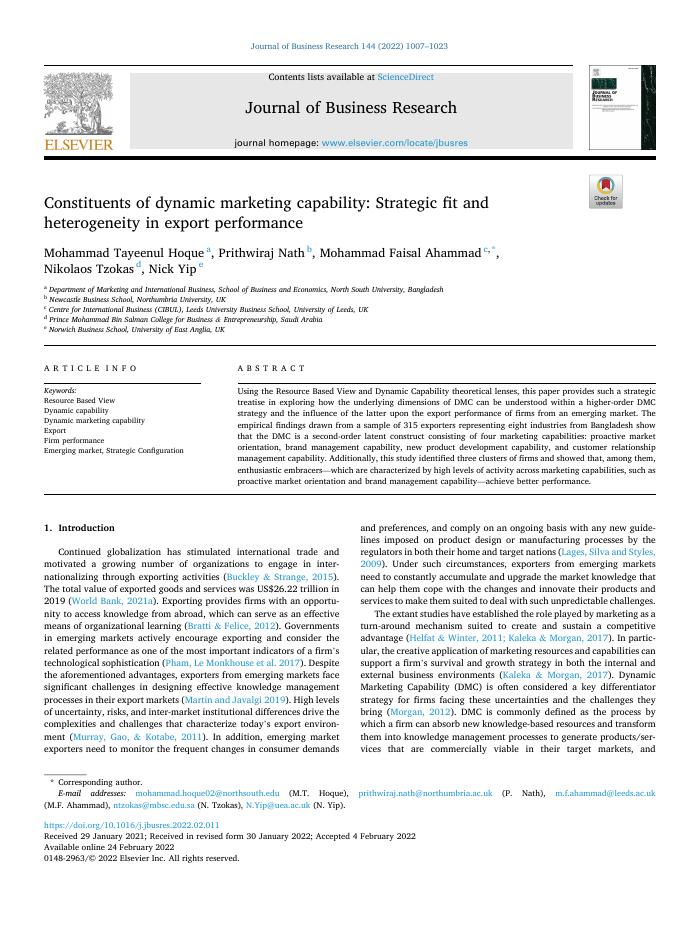 Constituents of dynamic marketing capability: Strategic fit and heterogeneity in export performance