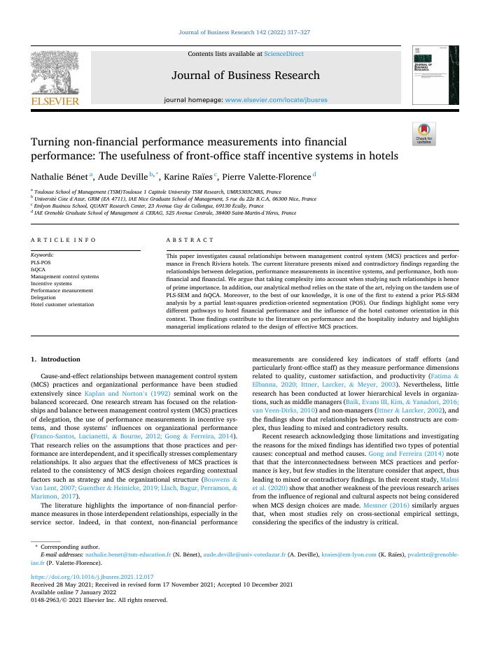 Turning non-financial performance measurements into financial performance: The usefulness of front-office staff incentive systems in hotels