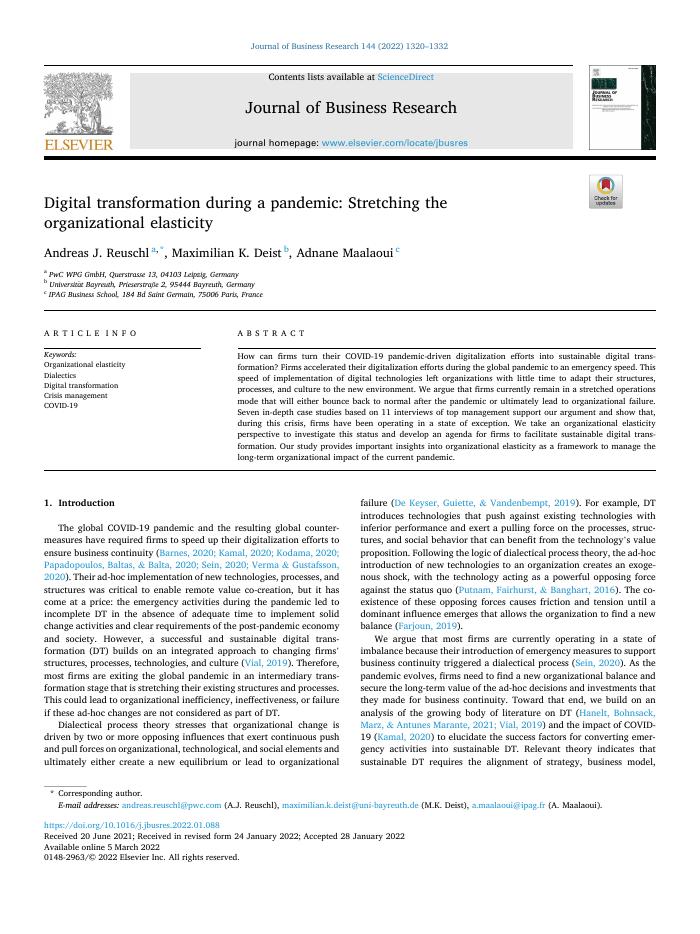 Digital transformation during a pandemic: Stretching the organizational elasticity