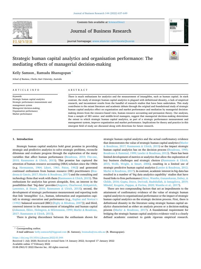 Strategic human capital analytics and organisation performance: The mediating effects of managerial decision-making
