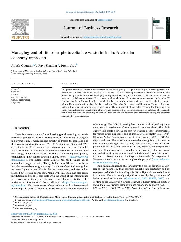 Managing end-of-life solar photovoltaic e-waste in India: A circular economy approach