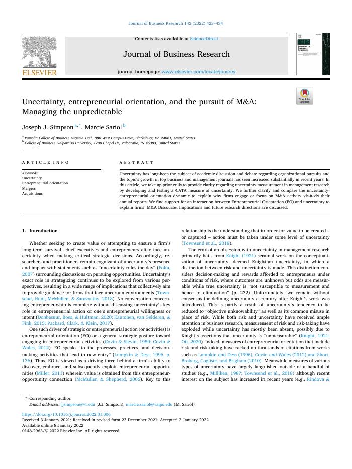 Uncertainty, entrepreneurial orientation, and the pursuit of M&amp;A: Managing the unpredictable