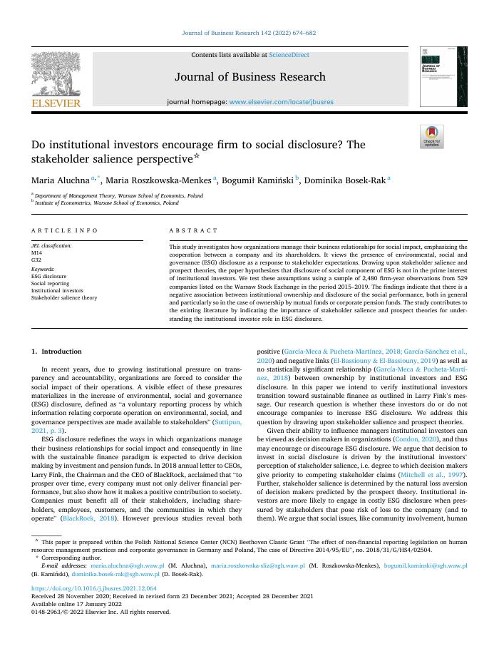 Do institutional investors encourage firm to social disclosure? The stakeholder salience perspective☆