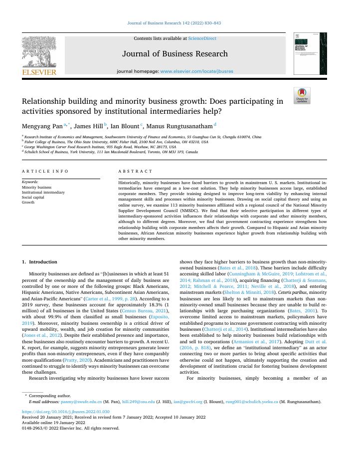 Relationship building and minority business growth: Does participating in activities sponsored by institutional intermediaries help?